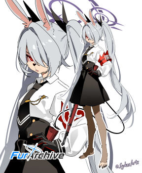 1girl absurdres animal_ears armband artist_name black_gloves black_nails black_necktie black_skirt black_tail blue_archive bolt_action brown_fur buck_teeth clip_studio_paint_(medium) commentary copyright_logo demon_tail english_commentary full_body furrification furry furry_female gloves grey_hair gun hair_over_one_eye hair_ribbon halo hand_on_own_hip highres holding holding_weapon iori_(blue_archive) logo long_hair long_sleeves mauser_98 necktie outline parted_lips purple_halo rabbit_ears rabbit_girl red_armband red_eyes ribbon rifle sharp_toenails shirt simple_background skirt solo sydus tail teeth toenails twintails twitter_username very_long_hair weapon white_background white_outline white_shirt zoom_layer