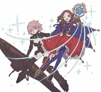 2girls anime_coloring armored_boots armored_leotard black_bow black_gloves black_leotard blue_cape blue_eyes blue_gloves blue_pantyhose boots bow breasts brown_hair brown_shoes cape elbow_gloves fate/grand_order fate_(series) flying gauntlets gloves hair_bow hair_over_one_eye highres holding holding_shield holding_staff leonardo_da_vinci_(fate) leonardo_da_vinci_(fate/grand_order) leonardo_da_vinci_(rider)_(fate) leonardo_da_vinci_(rider)_(first_ascension)_(fate) leotard long_hair long_sleeves looking_at_another looking_at_viewer m_12170 mash_kyrielight mash_kyrielight_(ortenaus) mold_camelot multiple_girls one_eye_closed open_mouth pantyhose parted_hair pink_hair puff_and_slash_sleeves puffy_short_sleeves puffy_sleeves purple_eyes red_skirt shield shoes short_hair short_sleeves shrug_(clothing) simple_background single_gauntlet skirt smile sparkle staff white_background