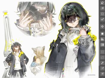 Rule 34 | 2girls, animal ears, arknights, arknights: endfield, bird ears, bird girl, black coat, black hair, coat, endministrator (arknights), eye mask, female endministrator (arknights), gloves, grey eyes, grey hair, highres, hiru315, long hair, mask, multicolored gloves, multiple girls, off shoulder, open clothes, open coat, perlica (arknights), short hair, sweater, two-tone gloves, upper body, white coat, white sweater