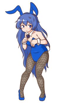 1girl alternate_costume animal_ear_hairband animal_ears blue_eyes blue_hair blue_leotard blue_shoes blush breasts breasts_apart closed_mouth detached_collar fake_animal_ears fake_tail fishnet_pantyhose fishnets game_cg hairband hakurei_frontier_spell_strive high_heels highres leotard long_hair looking_at_viewer mizusoba official_art pantyhose playboy_bunny rabbit_ears rabbit_tail shoes solo strapless strapless_leotard sweatdrop tail third-party_source touhou transparent_background very_long_hair wrist_cuffs yorigami_shion