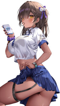 Rule 34 | 1girl, @shun, ass, black nails, blue necktie, blue skirt, blush, bra visible through clothes, breasts, brown hair, cellphone, closed mouth, clothes lift, collared shirt, commentary, cropped shirt, dark-skinned female, dark skin, diagonal-striped clothes, diagonal-striped necktie, eyes visible through hair, feet out of frame, from side, garter straps, goddess of victory: nikke, hair between eyes, hair ornament, hair ribbon, hair tie in mouth, highres, holding, holding phone, large breasts, lifting own clothes, looking at viewer, medium hair, midriff, miniskirt, mole, mole under mouth, mouth hold, naga (nikke), nail polish, navel, necktie, parted lips, phone, pleated skirt, purple ribbon, ribbon, school uniform, scrunchie, see-through clothes, see-through shirt, shirt, short sleeves, simple background, skirt, skirt lift, smartphone, smartwatch, solo, standing, striped clothes, thigh strap, watch, white background, white shirt, wing collar, wrist scrunchie, wristband, wristwatch, yellow eyes