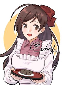 1girl ahoge apron brown_eyes collarbone food hair_ribbon highres kantai_collection kappougi long_hair mamiya_(kancolle) one-hour_drawing_challenge pink_shirt plate red_ribbon ribbon sabakanbasupisu shirt signature smile solo tray wagashi white_apron