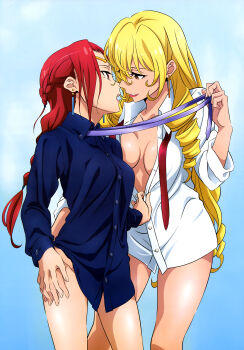10s 2girls absurdres bare_legs black_shirt blonde_hair blue_background blue_shirt bottomless bozes_co_palesti braid breasts brown_eyes buttons circlet collarbone collared_shirt couple cowboy_shot dress_shirt drill_hair earrings eye_contact female_focus bad_tag gate_-_jieitai_ka_no_chi_nite_kaku_tatakaeri grin hair_between_eyes half_updo holding_hands hand_on_another's_leg highres imminent_kiss interlocked_fingers jewelry large_breasts legs lips lipstick long_hair long_sleeves looking_at_another makeup medium_breasts multiple_girls naked_shirt neck nyantype official_art open_clothes open_mouth open_shirt parted_lips pina_co_lada_(gate) red_eyes red_hair red_lips seductive_smile shirt simple_background single_braid smile standing twin_drills unbuttoning undressing untying very_long_hair white_shirt yuri