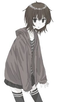 1girl blush highres hood hood_down hoodie long_sleeves looking_at_viewer miniskirt monochrome original pleated_skirt shirt short_hair skirt sleeves_past_wrists solo standing striped_clothes striped_shirt tanoe_(hukritaxxx) thighhighs white_background zettai_ryouiki