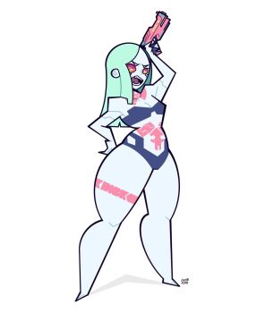 Rule 34 | 1girl, alvaro gonzalez, angry, arm up, bare legs, barefoot, black bra, black panties, blue skin, bra, breasts, cleavage, colored sclera, colored skin, cyberpunk (series), cyberpunk: edgerunners, cyborg, fangs, feet, forehead, full body, furrowed brow, green hair, gun, hand on own hip, handgun, highres, holding, holding gun, holding weapon, knees, leg tattoo, legs apart, long hair, looking at viewer, narrow waist, navel, neck tattoo, open mouth, original, panties, parted hair, pink tattoo, rebecca (cyberpunk), red sclera, shadow, signature, simple background, small breasts, solo, standing, stomach tattoo, strapless, tattoo, teeth, thick thighs, thighs, tongue, toon (style), underwear, underwear only, weapon, white background