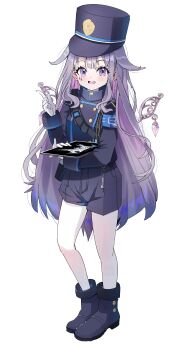 1girl absurdres armband blue_archive blue_armband blue_boots blue_hat blue_jacket blue_shorts boots buttons center-flap_bangs colored_inner_hair commentary cosplay detached_wings double-breasted double-parted_bangs english_commentary full_body gem gloves gradient_hair grey_hair hair_flaps hat highres holding holding_tablet_pc hololive hololive_english jacket jewel_under_eye koseki_bijou long_hair long_sidelocks looking_at_viewer military_hat multicolored_hair nozomi_(blue_archive) nozomi_(blue_archive)_(cosplay) pantyhose pantyhose_under_shorts pink_hair purple_eyes purple_gem purple_hair shorts sidelocks simple_background solo tablet_pc uduki2025 very_long_hair whistle white_background white_gloves white_pantyhose wings