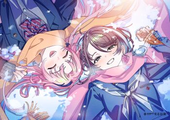 2girls ^_^ asu_(sinsekai) bema_(sinsekai) blush bow bowtie brown_hair character_name closed_eyes commentary_request diagonal-striped_bow diagonal-striped_bowtie diagonal-striped_clothes earrings facing_viewer grin jewelry kamitsubaki_studio kitou_saji long_sleeves looking_at_viewer multicolored_hair multiple_girls neckerchief official_art orange_scarf pink_hair pink_scarf scarf sinsekai_record smile streaked_hair striped_bow striped_bowtie striped_clothes upper_body virtual_youtuber white_hair white_neckerchief