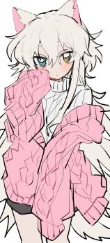 1boy androgynous animal_ears blue_eyes cat_boy cat_ears commentary english_commentary heterochromia highres koyashaka long_hair male_focus messy_hair off_shoulder original solo trap very_long_hair white_hair yellow_eyes