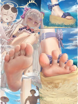 2girls absurdres azusa_(blue_archive) azusa_(swimsuit)_(blue_archive) barefoot beach beach_umbrella bikini blue_archive brown_hair closed_eyes day eyewear_on_head feathered_wings feet foot_focus foreshortening giant giantess hair_between_eyes hair_ornament halo hifumi_(blue_archive) hifumi_(swimsuit)_(blue_archive) highres long_hair looking_at_viewer looking_down multiple_girls ocean official_alternate_costume open_mouth outdoors presenting_foot purple_eyes ruffle_bikini sand sandals smile soles sunglasses swimsuit toes umbrella white_bikini white_hair white_wings wings yellow_halo zealh233