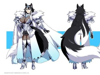 1girl animal_ear_fluff animal_ears armor armored_boots black_hair black_tail blue_cape blue_eyes blue_gemstone boots breasts cape cleavage closed_mouth clothing_cutout commentary commission commissioner_name english_commentary from_behind full_body fur-trimmed_armor fur-trimmed_cape fur_cape fur_trim gem gradient_cape hair_between_eyes hand_on_own_hip high_heels large_breasts large_tail long_hair multiple_views original reference_sheet sairam_gutierrez shoulder_armor sidelocks signe_brachirsdottr_(azaertia) silver_tiara standing tail tail_through_clothes tiara turnaround vambraces white_hair white_tail wolf_ears wolf_girl wolf_tail