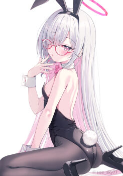 1girl animal_ears ass bare_shoulders black_hairband black_leotard black_shoes blue_archive blush bow breasts collar commentary_request detached_collar glasses grey_eyes grey_hair hair_over_one_eye hairband halo hand_up high_heels leotard long_hair multicolored_hair parted_lips pink_bow pink_hair plana_(blue_archive) playboy_bunny rabbit_ears rabbit_tail red-framed_eyewear saeki_sora shoe_soles shoes simple_background sitting small_breasts solo strapless strapless_leotard tail twitter_username two-tone_hair very_long_hair wariza white_background white_collar wrist_cuffs