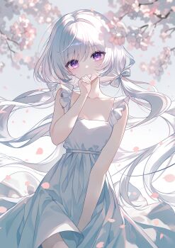 1girl absurdres bare_arms blurry blurry_background blurry_foreground bow branch breasts collarbone commentary commentary_request covered_mouth depth_of_field dress floating_hair flower g_ieep grey_bow grey_hair hair_between_eyes hair_bow hair_intakes hand_to_own_mouth hand_up head_tilt highres long_hair looking_at_viewer low_twintails original petals purple_eyes sleeveless sleeveless_dress small_breasts solo symbol-only_commentary twintails very_long_hair white_dress white_flower