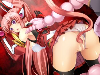 1girl :o against_wall ass bent_over black_gloves black_thighhighs blush breasts censored clothing_aside covered_erect_nipples detached_sleeves elbow_gloves exs-tia_chevalier exs-tia_chevalier_(exs-tia_2) from_behind game_cg ganusgil gloves headgear high_ponytail imminent_rape inoino kouyoku_senki_exs-tia large_breasts large_variant_set leaning_forward leotard leotard_aside long_hair looking_back miniskirt mosaic_censoring non-web_source official_art open_mouth pink_hair pleated_skirt ponytail purple_eyes pussy red_skirt restrained rieszverne_suzette_paladill shiny_skin skirt solo surprised tail tentacles thighhighs underwear vambraces variant_set very_long_hair white_leotard