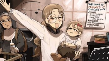 Rule 34 | 3girls, aged down, baby bottle, backpack, bag, beamed eighth notes, bird, blue eyes, book, bottle, bow, brown bag, brown hair, brown pants, chicken, commentary, crib, diva (hyxpk), duck, english commentary, glasses, glasses nun's aunt (diva), glasses nun's mother (diva), glasses nun (diva), habit, hair bow, highres, instrument, little nuns (diva), long hair, multiple girls, music, musical note, nun, pants, piano, red bow, round eyewear, short hair, singing, slice of life, sweater, traditional nun, white sweater