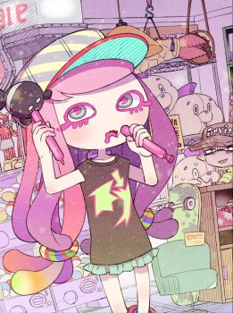 1boy 1girl aqua_eyes aqua_skirt baseball_cap black_shirt blonde_hair brown_eyes brown_hat chair clownfish clueless collarbone colored_eyelashes desk drooling fish frown gashapon gradient_hair green_hair grin harmony&#039;s_clownfish_(splatoon) harmony_(splatoon) hat highres holding indoors inkling inkling_boy inkling_player_character long_hair low_twintails mascot_head miniskirt multicolored_hair multicolored_hat nintendo no_eyebrows no_nose open_mouth orange_hair oversized_clothes oversized_shirt pink_hair pink_pupils pleated_skirt pointy_ears purple_hair sharp_teeth shelf shirt shop skateboard skirt smile splatoon_(series) splatoon_3 standing striped_clothes striped_headwear teeth tentacle_hair tropical_fish turn_pale twintails wavy_mouth yoshizawa_miyabi