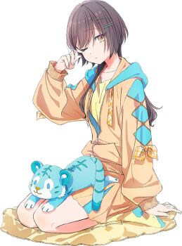 Rule 34 | 1girl, animal, animal on lap, black hair, collarbone, full body, game cg, hair ornament, hairclip, jacket, jellyfish cut, katsuragi izumi, katsuragi izumi (birthday sleepwear), link! like! love live!, long hair, long sleeves, love live!, miniskirt, no shoes, non-web source, official art, on lap, open clothes, open jacket, orange jacket, orange skirt, parallel hairclips, partially unzipped, puffy long sleeves, puffy sleeves, rubbing eyes, seiza, shirt, simple background, sitting, skirt, sleeves past wrists, socks, solo, stuffed animal, stuffed tiger, stuffed toy, transparent background, virtual youtuber, x hair ornament, yellow shirt, yellow socks