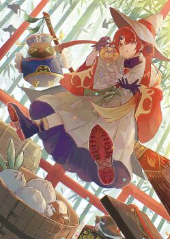 1girl absurdres anohito_(amaruno110) bamboo bamboo_forest steamed_bun beni-enma bird black_gloves broom fate/grand_order fate_(series) food forest gloves hakama hakama_skirt halloween_bucket hat highres japanese_clothes jiangshi_costume licking_lips nature red_eyes red_hair skirt sparrow tongue tongue_out witch_hat