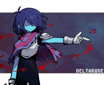 1other antenna_hair arm_at_side armor armored_gloves black_bodysuit blue_hair blue_skin bob_cut bodysuit chinese_commentary closed_mouth colored_skin commentary_request copyright_name cowboy_shot deltarune gloves grey_armor grey_background grey_gloves hair_over_one_eye heart highres kris_(dark_world)_(deltarune) kris_(deltarune) letterboxed no_eyes one_eye_covered other_focus outside_border outstretched_arm pink_scarf pointing pointing_to_the_side purple_scarf scarf shio_0585 short_sleeves shoulder_armor simple_background solo standing striped_clothes striped_scarf two-tone_scarf utdr_(toby_fox)