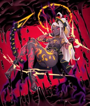 1girl arm_tattoo ass breasts chaos_order chest_tattoo cleavage curvy dark-skinned_female dark_skin demon_girl dress female_focus halo highres leg_tattoo lilith-soft long_hair looking_at_viewer no_bra red_background red_eyes shiny_skin small_breasts smile solo tail taimanin_(series) taimanin_asagi_kessen_arena tattoo thong very_dark_skin very_long_hair white_hair wide_hips yuuji_(and)