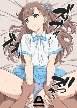 1boy 1girl aji_n bar_censor blue_eyes blue_ribbon blue_scrunchie blue_skirt brown_hair censored clenched_teeth clothing_aside collared_shirt commentary_request crying crying_with_eyes_open furrowed_brow grey_panties hair_ornament hair_scrunchie hair_spread_out half_updo highres holding_another's_wrists long_hair looking_to_the_side lying miniskirt missionary nao_(replica_datte_koi_o_suru) neck_ribbon on_back panties panties_aside partial_commentary penis pleated_skirt pussy rape replica_datte_koi_wo_suru ribbon school_uniform scrunchie sex shirt short_sleeves skirt spread_legs streaming_tears sweat tears teeth underwear white_shirt