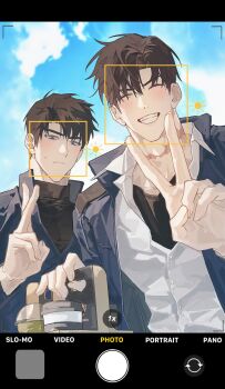 2boys babohogu black_hair black_shirt blue_eyes blue_jacket blue_sky blush character_request cloud cloudy_sky collared_shirt cup curtained_hair day disposable_cup disposable_cup_holder facial_recognition fake_phone_screenshot fake_screenshot from_below grin gwechul high_collar highres holding jacket letterboxed looking_at_viewer male_focus multiple_boys outdoors pov shirt short_hair sky smile sweatdrop undershirt upper_body v white_shirt