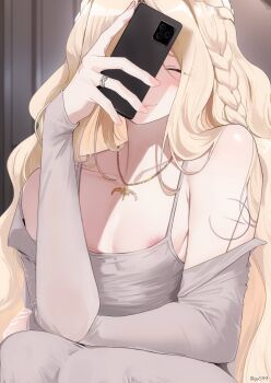 1boy blonde_hair blush braid cellphone charles_(gu599) closed_eyes contemporary dongtan_dress dress elden_ring elden_ring:_shadow_of_the_erdtree girly_boy grey_dress highres holding holding_phone jewelry long_hair miquella_(elden_ring) multiple_braids necklace nipple_slip nipples off_shoulder phone ring smartphone smile solo trap very_long_hair wavy_hair