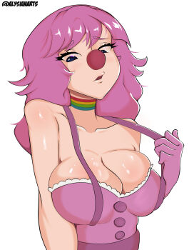 1girl ace_attorney alysianarts bare_shoulders blue_eyes breasts buttons capcom choker cleavage clown_girl clown_nose female_focus geiru_toneido highres large_breasts looking_down medium_hair phoenix_wright:_ace_attorney_-_spirit_of_justice pink_eyes rainbow solo suspenders
