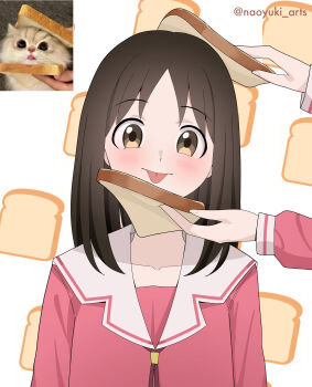 Rule 34 | 2girls, absurdres, artist name, azumanga daioh's school uniform, azumanga daiou, black hair, blush, bread, bread slice, brown eyes, collarbone, commentary, food, highres, holding, holding food, idiot sandwich (meme), kasuga ayumu, long hair, long sleeves, looking at viewer, meme, multiple girls, naoyuki arts, photo-referenced, pink serafuku, reference inset, sailor collar, school uniform, serafuku, solo focus, tongue, tongue out, twitter username, white sailor collar, winter uniform
