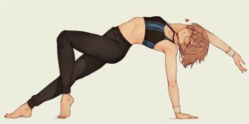 Rule 34 | 1girl, absurdres, arm support, barefoot, black choker, black pants, black sports bra, blue sports bra, body freckles, breasts, brown hair, choker, clio aite, collarbone, commentary, english commentary, fingernails, freckles, full body, glasses, grin, hair between eyes, highres, jewelry, nail polish, navel, pants, phase connect, ring, round eyewear, scar, scar across eye, scar on face, short hair, small breasts, smile, soles, solo, sparkle, sports bra, stretching, sweat, sweatpants, toenails, toes, training, two-tone sports bra, underwear, varniskarnis, virtual youtuber, wedding ring, wristband