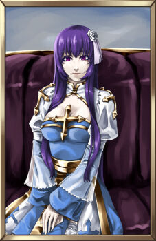 1girl arch_bishop_(ragnarok_online) blue_dress border breasts brown_border cleavage cleavage_cutout closed_mouth clothing_cutout commentary_request couch cowboy_shot cross dress flower hair_flower hair_ornament juliet_sleeves long_hair long_sleeves looking_at_viewer medium_breasts on_couch pink_eyes puffy_sleeves purple_hair ragnarok_online rose sash sitting smile solo thighhighs toriria two-tone_dress white_dress white_flower white_rose white_thighhighs yellow_sash