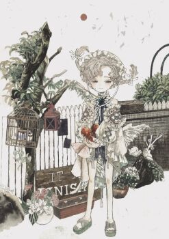 1girl acrylic_paint_(medium) arrow_(projectile) arrow_in_body bare_legs bare_shoulders bird birdcage blood blue_blood blush bonnet bow brown_eyes brown_hair cage closed_mouth commentary_request curly_hair day dress feathered_wings fence flower food frills fruit full_body garden hair_bow hair_ribbon hashtag-only_commentary highres holding holding_food holding_fruit karintoun lantern lily_(flower) looking_at_viewer neck_ribbon original outdoors painting_(medium) pale_skin parted_bangs picket_fence plant planter platform_sandals potted_plant puffy_sleeves ribbon rose sandals short_hair sign smile solo standing straight-on traditional_media tree twintails vase watercolor_(medium) wings wooden_box wooden_fence