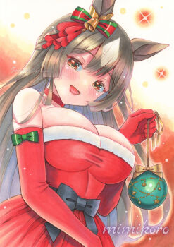 1girl absurdres animal_ears bare_shoulders bell black_bow blush bow braid breasts brown_eyes brown_hair choker christmas christmas_ornaments double-parted_bangs dress ear_bow ear_ornament ear_ribbon elbow_gloves fur-trimmed_dress fur_trim gloves green_bow hair_between_eyes half_up_braid highres holding horse_ears horse_girl large_breasts long_hair looking_at_viewer mimikuro multicolored_hair open_mouth red_choker red_dress red_gloves santa_costume santa_dress satono_diamond_(umamusume) smile solo sparkle strapless strapless_dress streaked_hair traditional_media umamusume very_long_hair