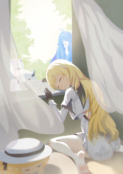 1girl absurdres aye_huang_tao black_gloves blonde_hair book closed_eyes commentary_request curtains from_behind gloves highres indoors long_hair long_sleeves nimbus_wraith_(wuthering_waves) no_headwear no_shoes open_book open_window pantyhose phoebe_(wuthering_waves) remnant_cube_(wuthering_waves) shirt skirt sleeping soles solo tacet_discord_(wuthering_waves) white_pantyhose white_shirt white_skirt window wuthering_waves