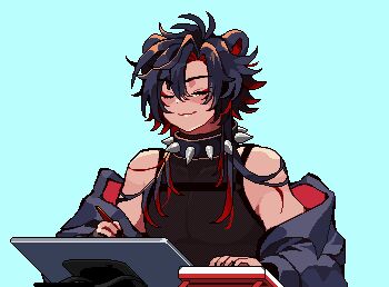 1boy :d animal_ears animated animated_gif bare_shoulders bishounen black_choker black_coat black_hair black_tank_top blinking choker coat colored_inner_hair colored_tips cowlick curtained_hair dot_nose double-parted_bangs ear_wiggle fangs flipped_hair fuu_chicolette hair_between_eyes happy holding holding_pen holding_stylus long_sleeves looking_around lowres male_focus multicolored_hair off_shoulder open_mouth orange_eyes original pen pixel_art red_coat red_hair short_hair_with_long_locks side_part sidelocks simple_background smile solo spiked_choker spikes stylus tablet_pc talking tank_top teeth tiger_ears toned toned_male transparent_background two-sided_coat two-sided_fabric upper_body upper_teeth_only