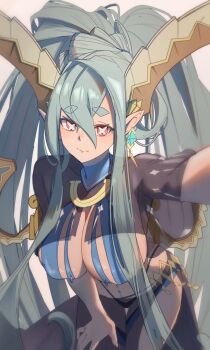 1girl aqua_hair bikini black_sarong blue_bikini blue_hair body_markings breasts bright_pupils collar commentary curled_horns earrings fate/grand_order fate_(series) gem green_gem hair_between_eyes highleg highleg_bikini highres horns huge_breasts huge_horns jewelry leaning_forward light_blush light_smile long_hair navel rancha06743732 red_eyes sarong see-through_shrug short_sleeves shrug_(clothing) solo star-shaped_pupils star_(symbol) swimsuit symbol-shaped_pupils tiamat_(fate) tiamat_(swimsuit_archer)_(first_ascension)_(fate) very_long_hair