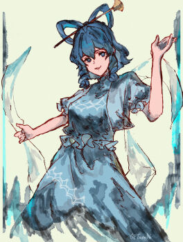 1girl artist_name blue_eyes blue_hair blue_shirt blue_skirt breasts hair_ornament hair_stick highres kaku_seiga medium_breasts oftooon parted_lips shawl shirt short_hair signature skirt smile solo touhou white_shawl