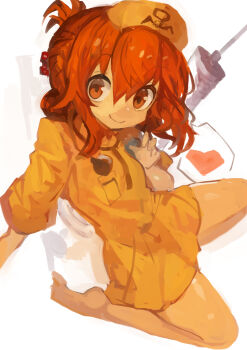 1girl absurdres alternate_costume anchor_symbol barefoot brown_eyes brown_hair commentary dress folded_ponytail hair_between_eyes hat heart highres inazuma_(kancolle) kaamin_(mariarose753) kantai_collection large_syringe looking_at_viewer nurse nurse_cap orange_dress orange_hat oversized_object simple_background smile solo stethoscope stethoscope_around_neck syringe white_background