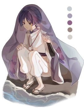 1boy absurdres artist_name black_eyes blunt_ends brown_sandals clothing_cutout eyelashes eyeliner eyeshadow feathers fingernails floral_print_veil full_body genshin_impact geta hand_on_own_knee hand_up highres japanese_clothes kariginu kimono layered_sleeves long_sleeves looking_to_the_side makeup male_focus nee_madiiiii open_mouth pants pom_pom_(clothes) purple_hair purple_kimono purple_sash purple_sleeves purple_veil red_eyeliner red_eyeshadow sandals sash scaramouche_(genshin_impact) scaramouche_(kabukimono)_(genshin_impact) see-through_clothes see-through_veil shore shoulder_cutout solo squatting string toenails toes tsurime veil white_background white_mouth white_pants white_sleeves wide_sleeves wispy_bangs yellow_feathers