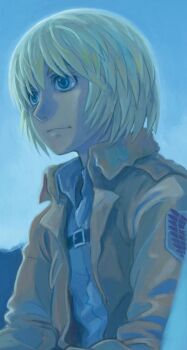 Rule 34 | 1boy, armin arlert, azuma kiyohiko, blonde hair, blue eyes, blue sky, blue theme, brown jacket, chest harness, close-up, closed mouth, commentary, emblem, expressionless, harness, jacket, looking afar, looking ahead, male focus, open clothes, open jacket, outdoors, paradis military uniform, shingeki no kyojin, shirt, sky, solo, survey corps (emblem), upper body, white shirt