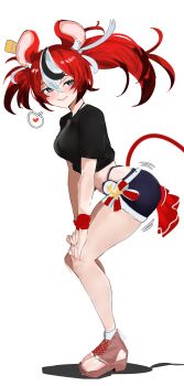 1girl animal_ear_fluff animal_ears arched_back ass ass_shake belt bikini bikini_bottom_under_shorts bikini_under_clothes black_hair black_shirt black_shorts black_streaks blue_eyes blush bow breasts commentary dice_hair_ornament double-parted_bangs from_side hair_between_eyes hair_ornament hakos_baelz hands_on_own_knees highres hololive hololive_english hololive_summer_2023_swimsuit leaning_forward looking_at_viewer medium_breasts mouse_ears mouse_girl mouse_tail mousetrap multicolored_hair partial_squatting platform_sandals red_hair redi_(rasec_asdjh) ribbon sandals shirt shoes shorts smile standing streaked_hair swimsuit tail thick_thighs thighs tied_shirt twerking twintails uneven_twintails untranslatable_commentary virtual_youtuber white_background white_hair wristband