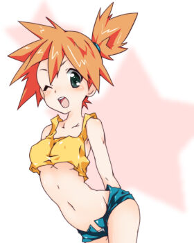 1girl ;d arms_behind_back blush breasts covered_erect_nipples crop_top female_focus green_eyes midriff misty_(pokemon) nakamura_sandayo nintendo one_eye_closed open_mouth orange_hair panties pokemon pokemon_(anime) short_hair short_shorts shorts side_ponytail simple_background smile solo standing tank_top underboob underwear unzipped white_background wink