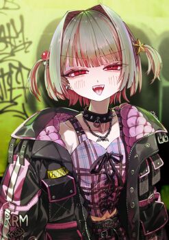 1girl :d absurdres arm_belt atari_(eurf8445) belt belt_buckle black_belt black_collar black_jacket blunt_bangs blurry blurry_background blush buckle caution chain chain_necklace clothes_writing collar collarbone colored_inner_hair crop_top cross-laced_clothes cross-laced_top ear_cuffs fangs graffiti grey_hair hair_bobbles hair_intakes hair_ornament half-closed_eyes highres jacket jewelry looking_at_viewer loose_belt makaino_ririmu makaino_ririmu_(6th_costume) midriff multicolored_hair multiple_belts navel necklace nijisanji no_headwear open_clothes open_jacket open_mouth pendant pink_belt pink_hair pink_jacket pink_skirt pink_streaks plaid_clothes plaid_skirt pleated_skirt pointy_ears red_eyes short_hair skirt smile solo spiked_collar spikes standing star_(symbol) star_hair_ornament streaked_hair studded_belt tongue tongue_out two-sided_fabric two-sided_jacket two-tone_hair two_side_up unbuttoned unzipped upper_body v-shaped_eyebrows virtual_youtuber wolf_cut