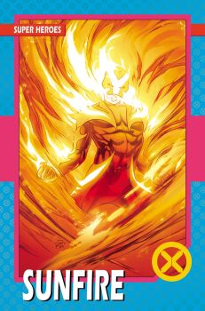 1boy blue_border bodysuit border character_name comic_cover commentary covered_abs covered_pectorals english_commentary english_text fire highres looking_at_viewer male_focus marvel mask matt_wilson muscular muscular_male obliques official_art pectorals pyrokinesis russell_dauterman shiro_yoshida solo sunfire_(x-men) superhero_costume western_comics_(style) x-men