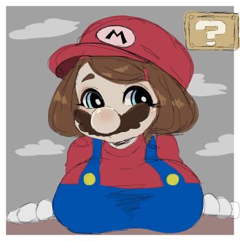 Rule 34 | 1girl, ? block, blue eyes, breasts, brown hair, cottonwaffle, eyelashes, facial hair, female focus, genderswap, genderswap (mtf), grey background, hat, highres, large breasts, looking at viewer, mario, mario (series), mustache, nintendo, overalls, red hat, red shirt, shirt, short hair, solo