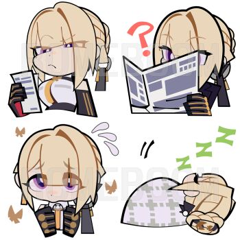arm_strap bags_under_eyes blonde_hair chest_harness chibi chibi_only emoji evelyn_chevalier gloves half_gloves harness necktie romeboom yellow_necktie zenless_zone_zero