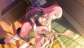 Rule 34 | 1girl, aqua nails, bass guitar, black skirt, black socks, blue eyes, blue trim, buttons, classroom, collared jacket, collared shirt, colorful palette, dutch angle, ear piercing, feet out of frame, game cg, grey jacket, hands up, highres, indoors, instrument, jacket, jewelry, kneehighs, leo/need luka, long hair, long sleeves, looking at viewer, megurine luka, music, necklace, official art, open mouth, path made by faith (project sekai), piercing, pink hair, playing instrument, pleated skirt, profile, project sekai, shirt, skirt, socks, solo, sunlight, third-party source, vocaloid, white shirt