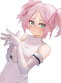 closed_mouth dress elbow_gloves gloves green_eyes highres momo_(virgin_road) own_hands_together pink_hair polucky shokei_shoujo_no_virgin_road short_twintails sleeveless sleeveless_dress solo twintails white_background white_gloves