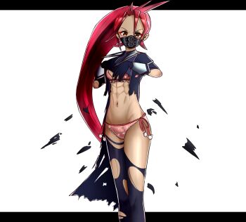 Rule 34 | 1girl, abs, angry, artist request, blush, bodysuit, bodysuit under clothes, bra, breasts, capcom, cleavage, covering breasts, covering privates, delinquent, embarrassed, female focus, gloves, hands up, zaki (justice gakuen), humiliation, justice gakuen, legs, legs together, long hair, long sleeves, looking at viewer, matching underwear, medium breasts, midriff, moero! justice gakuen, navel, panties, parted bangs, pink bra, pink panties, ponytail, purple eyes, red hair, sailor collar, side-tie panties, sidelocks, simple background, spiked hair, standing, thighs, torn bodysuit, torn clothes, tsundere, underwear, v-shaped eyebrows, very long hair, wardrobe malfunction, white background