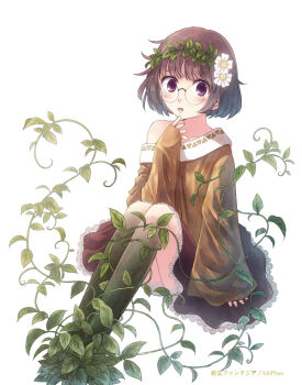 1girl bad_id bad_pixiv_id blush brown_hair dress female_focus finger_to_mouth flower glasses hair_flower hair_ornament head_wreath leaf looking_at_viewer off_shoulder open_mouth original plant purple_eyes sitting solo tears transformation vines watermark yakka