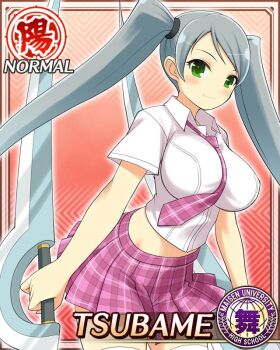 1girl border breasts card_(medium) character_name closed_mouth collared_shirt dual_wielding game_cg green_eyes grey_hair holding holding_sword holding_weapon large_breasts leaning_forward long_hair looking_at_viewer maisen_university_high_school_uniform midriff necktie official_alternate_costume official_art pink_necktie pink_skirt plaid_clothes plaid_necktie plaid_skirt school_uniform senran_kagura senran_kagura_new_wave shirt short_sleeves skirt smile solo swept_bangs sword thighhighs tsubame_(senran_kagura) twintails weapon white_shirt white_thighhighs